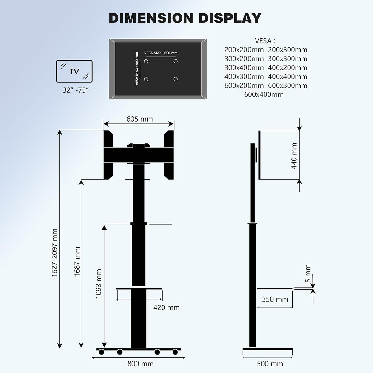 Proton 300 Mobiele tv-standaard met plank, stopcontacten, USB-poorten, hoogte 191 cm, portretformaat 32-75 inch, 40 kg, aluminium zwart