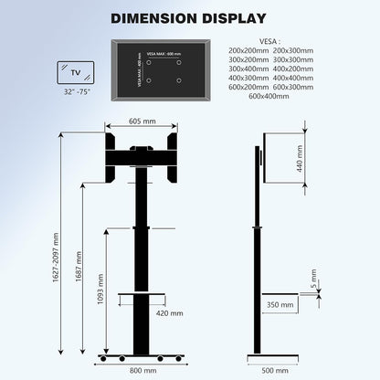Proton 300 Mobiele tv-standaard met plank, stopcontacten, USB-poorten, hoogte 191 cm, portretformaat 32-75 inch, 40 kg, aluminium zwart
