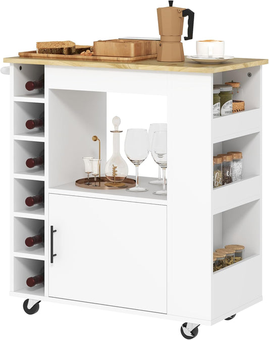 HOMCOM Kitchen Trolley with Wood Worktop, Shelves, Wine Racks, Serving Trolley, Kitchen Cabinet on Wheels with Soft-Close Hinges, Handle, Kitchen Island, 83 x 40 x 83 cm, Oak - QUORE