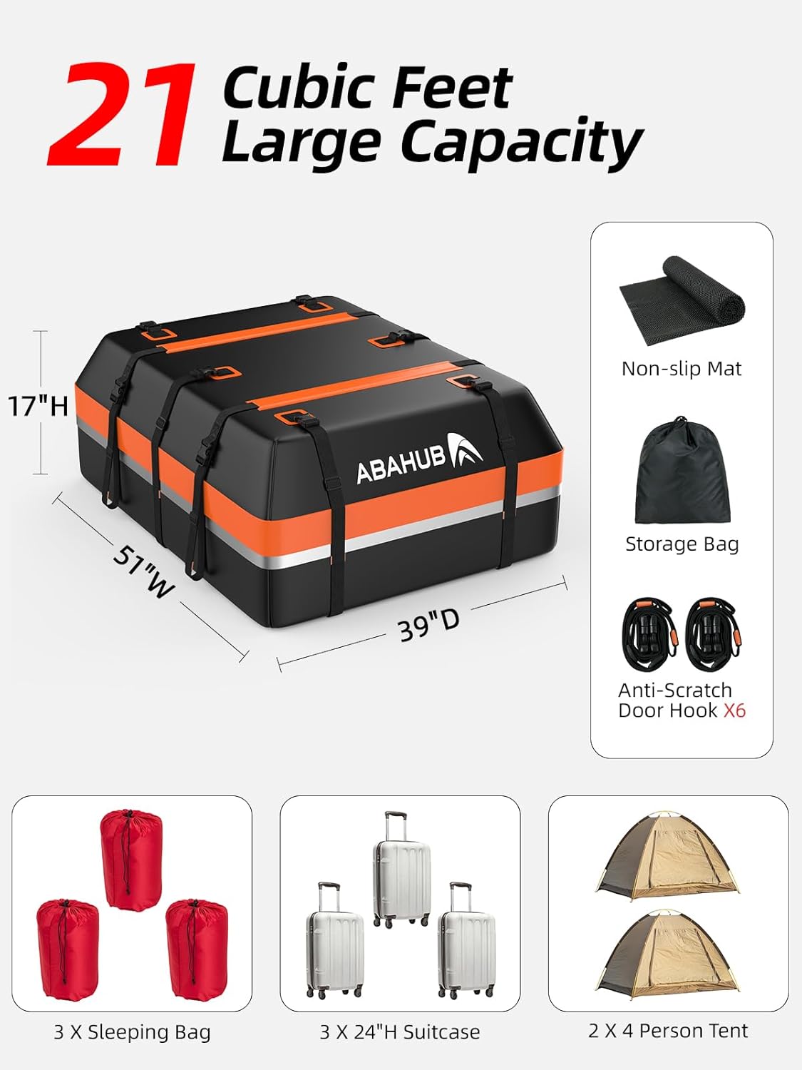 Abahub Car Roof Box 800D Soft Opvouwbare Waterdichte Daktas met Deurhaak, Antislipmat, Opbergtas, Reflecterende Strip voor Alle Auto's met/zonder Bagagerek (600L)