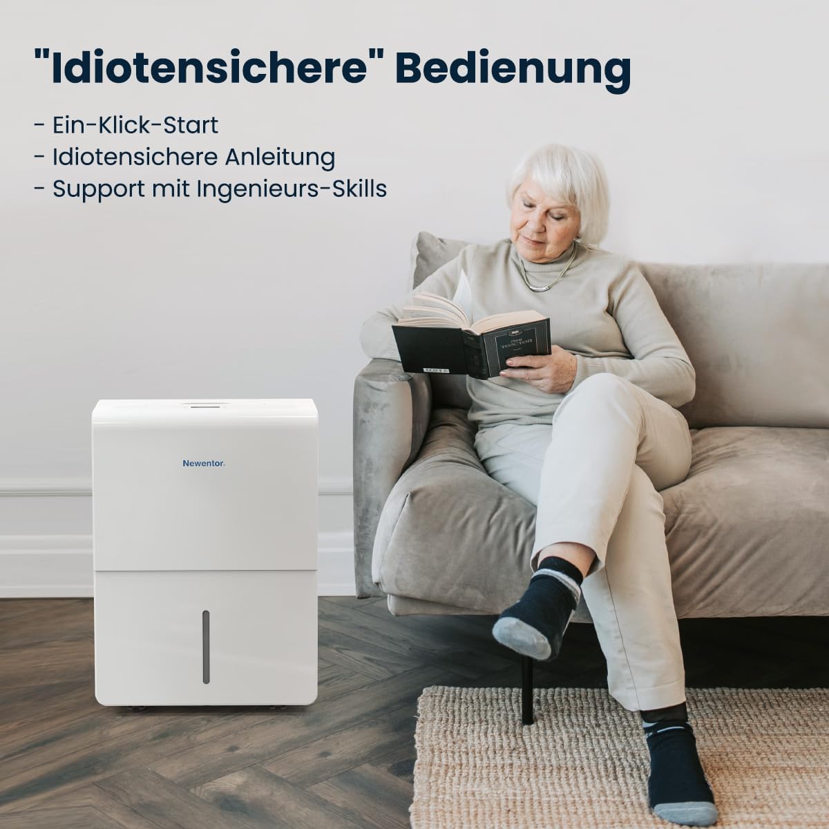 Newentor Luchtontvochtiger 25 l/24 uur, voor ruimtes van 215 m³/80 m², 3-voudige geluidsreductie, energiebesparende chip, eenvoudige bediening, met 1 m afvoerslang en afneembaar filter, timer