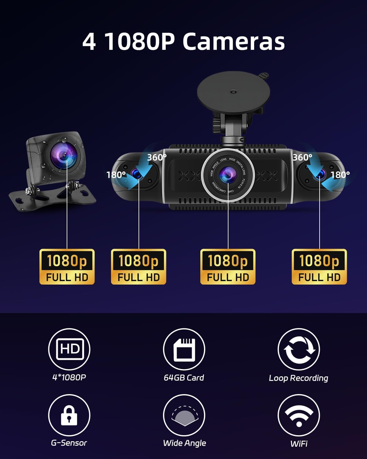 Dashcam – Autocamera – Boordcamera – Auto Camera – 4 Camera's – 360° Bewaking – Wifi-App Bediening & 64 GB Kaart Inbegrepen