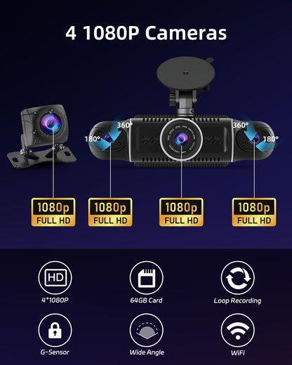 Dashcam – Autocamera – Boordcamera – Auto Camera – 4 Camera's – 360° Bewaking – Wifi-App Bediening & 64 GB Kaart Inbegrepen