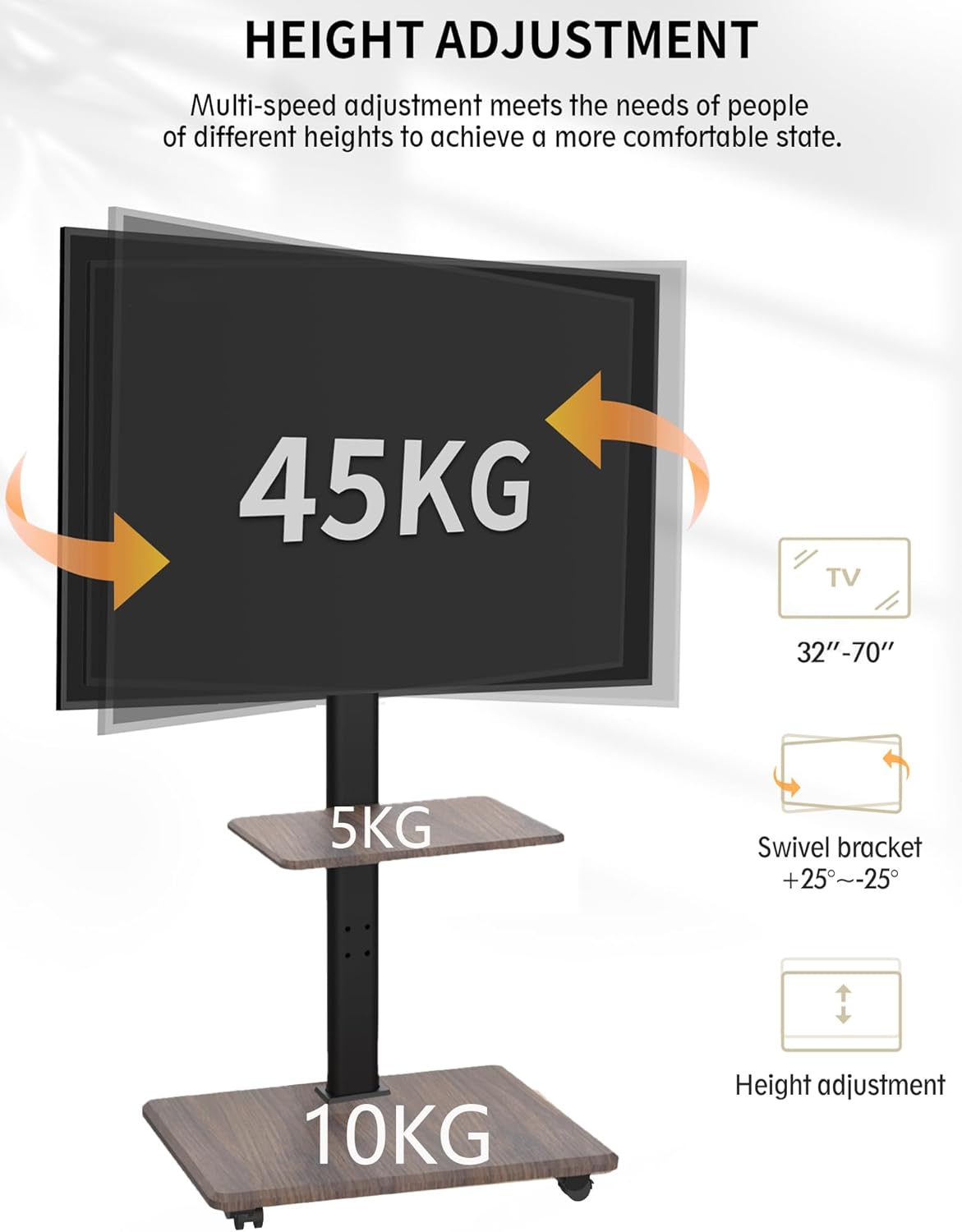 Mobiele Tv-standaard Met Houten Voet – Verrijdbare Tv-standaard – Tv-standaard Op Wielen – Tv-Trolley – Tv-Onderstel – Voor 32-70 Inch, Tot 45 Kg – In Hoogte Verstelbaar Tot Ca. 130 Cm, Draaibaar ±25 Graden