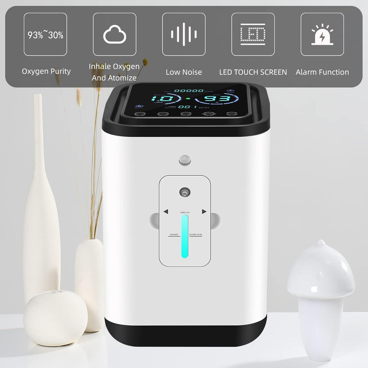 Zuurstofconcentrator, zuurstofmachine voor thuis, 93% zeer zuivere zuurstofconcentrator voor thuis, 1-7 l/min instelbaar, 45 dB geluidsarm, met verstuivingsfunctie