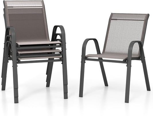 FANTASK Tuinstoelen, stapelbaar, terrasstoelen, balkonstoelen met textileen en metalen frame, set van 4 stapelstoelen met armleuningen, tot 150 kg belastbaar, 56 x 70 x 84 cm (grijs)