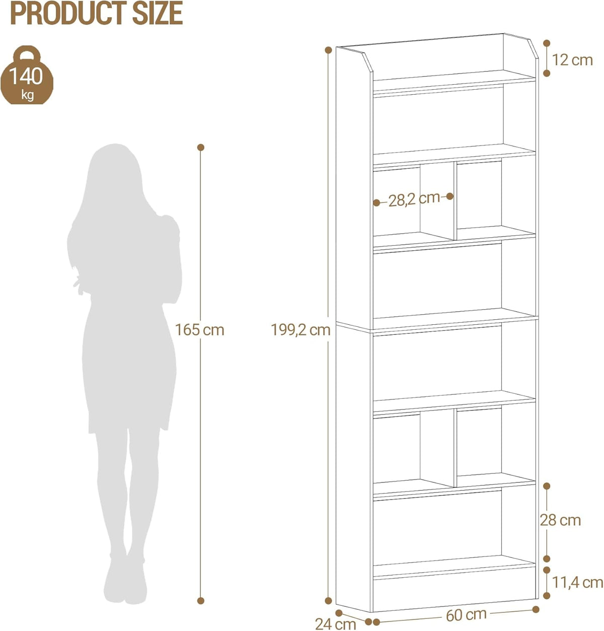 Hzuaneri Bookcase and Bookshelf with 7 Layers, Freestanding Display Organizer with 8 Divided Sections, for Home Office, Living Room and Bedroom, 24 x 60 x 199cm, White, BC11703X