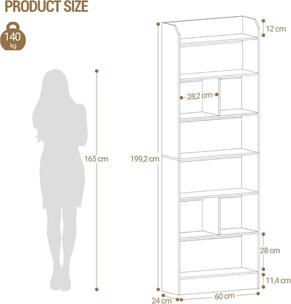 Hzuaneri Bookcase and Bookshelf with 7 Layers, Freestanding Display Organizer with 8 Divided Sections, for Home Office, Living Room and Bedroom, 24 x 60 x 199cm, White, BC11703X