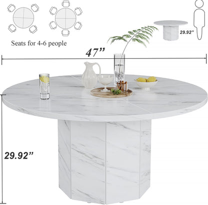 HSH Ronde eettafel voor 4-6 personen, alleen witte faux marmeren eettafel, moderne cirkel keukentafel voor thuis woonkamer, industriële houten eettafel met achthoekige basis, wit marmer, 120 cm - QUORE