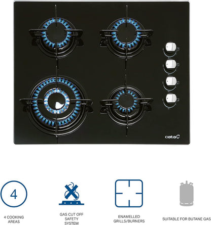 4-pits Gaskookplaat – Gasfornuis – Kookplaat – Gasplaat – Kookfornuis – Gehard Zwart Glas – Elektronische Ontsteking – 59 cm Breed