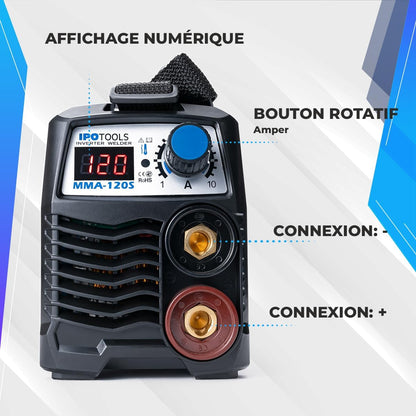 IPOTOOLS MMA-120S elektroden lasapparaat, 120 A, mini elektrische inverter, lasapparaat MMA/E-hand met lcd-display, anti-stick, 230 V