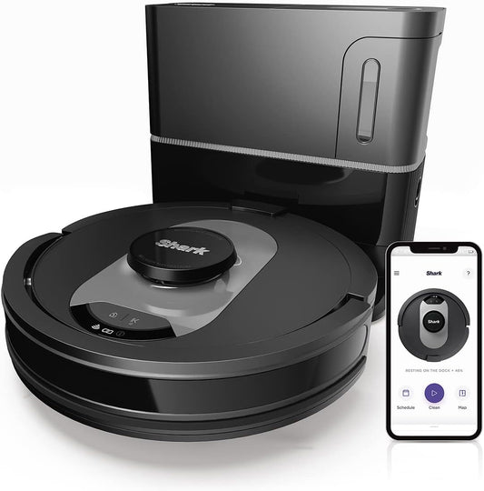 Shark AI 360 Self-Empty Vacuümrobot, anti-haarwrap, automatisch afzuigstation, tapijten en harde vloeren, wifi, optimaal tegen dierenhaar, 34,8 x 34,8 x 10 cm, zwart/zilver