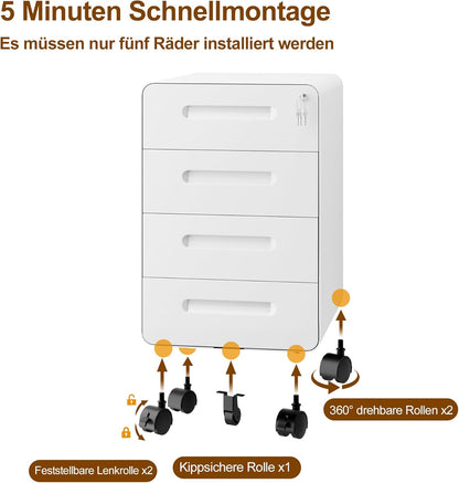 Rollcontainer, mobiele archiefkast, afgeronde hoek, 4 laden, 40 x 46 x 63 cm, wit OFC041W01HI
