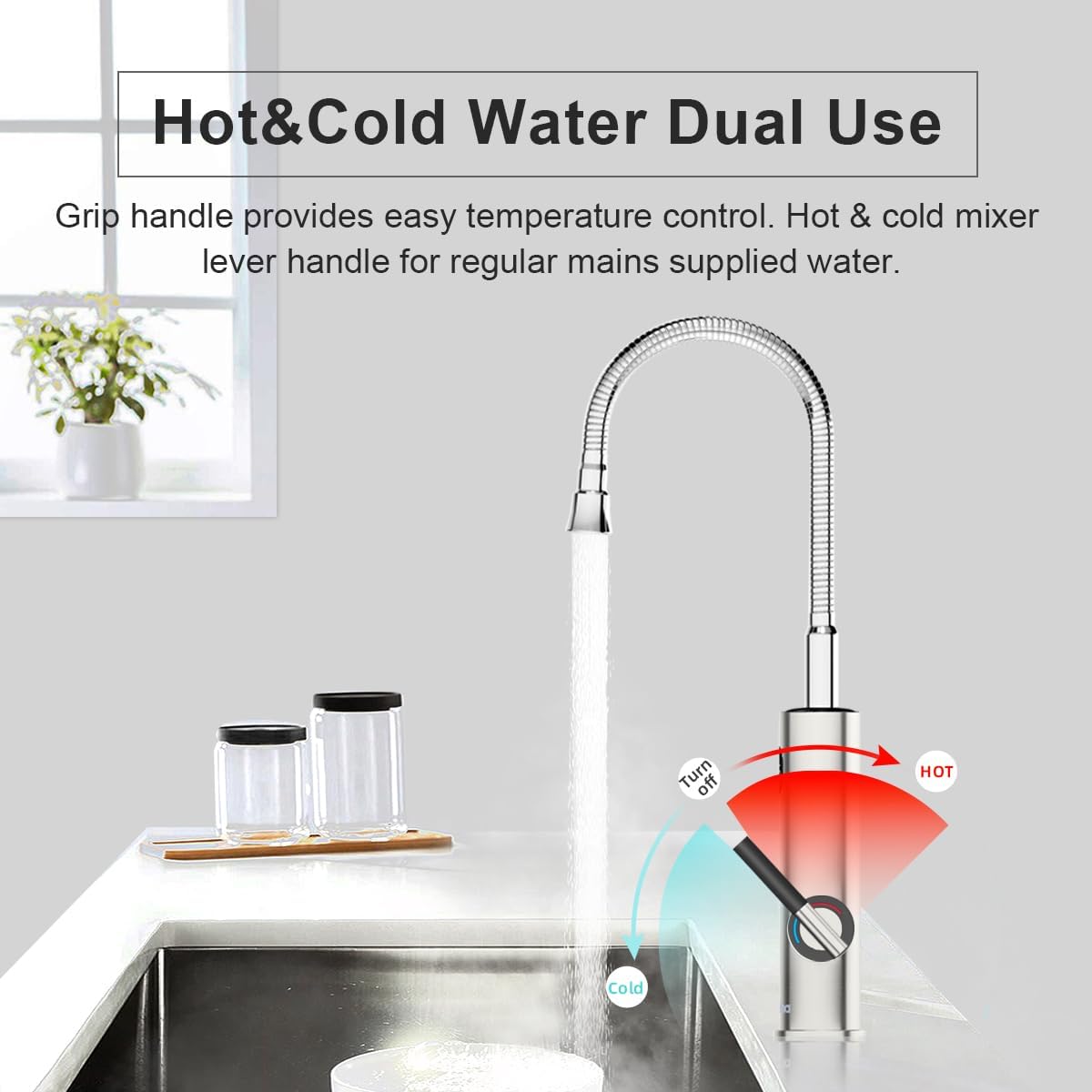 Instant waterverwarmingskraan, 220 V doorstroomboiler, waterkraan voor de keuken, met universele uitloop, roestvrij staal, elektrische verwarmde kraan met digitaal display (zilver)