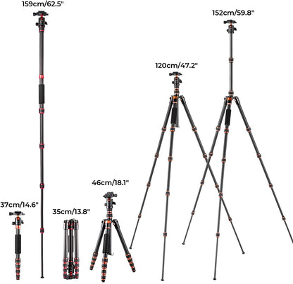 K&F Concept Camera Statief,Lichtgewicht Carbon Reisstatief, Compacte Fotografie Statief met Monopod, 360° Balhoofd en Vrijgaveplaat voor DSLR Camera voor DSLR-camera C225C0+BH-25 (BA225)