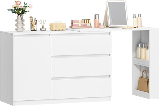 Hzuaneri Dressing Table with Drawers, L-Shaped Corner Dressing Table, Dressing Table with 1 Storage Cabinet and 2 Open Storage Shelves, Bedroom, Living Room, Modern, White DT42803XEU