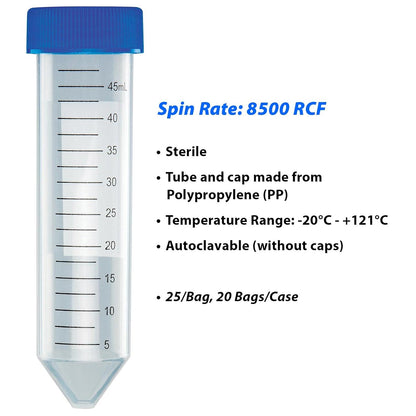 Centrifugebuis 50 mL 500 Stuks – Monsterbuis – Labbuis – Conische Buis – Laboratoriumbuis – Bedrukte Schaalverdeling 0,5 mL – Vast Bevestigde Blauwe Schroefdop