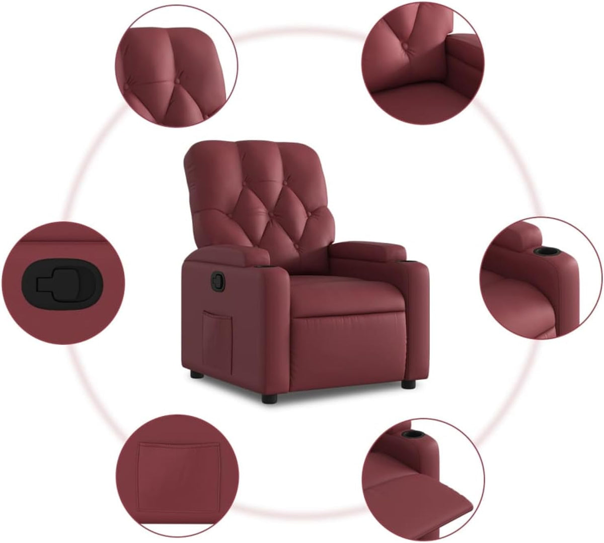 Relaxstoel – Fauteuil – Loungestoel – Recliner – Relaxfauteuil – Handmatige Ligfunctie – Kunstleer Wijnrood – Maximaal 110 kg – Brede Armleuningen – Bekerhouders