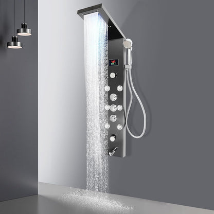 Douchepaneel – Douchekolom – Douchewand – Thermostaatkraan – Regendouche – RVS Zwart – LED Temperatuurweergave – 6 Waterstanden