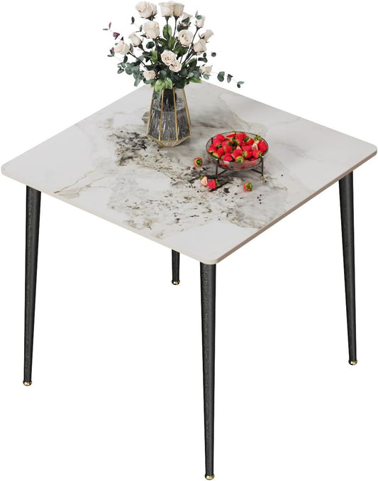 FATIVO Dining Table, Small Kitchen Table, Marble for 2 People, Dining Table, Simple Living Room, Dining Table, High Gloss Tables for Dining Room, Restaurant, Metal Table Legs, 80 x 80 cm, Scandinavian - QUORE