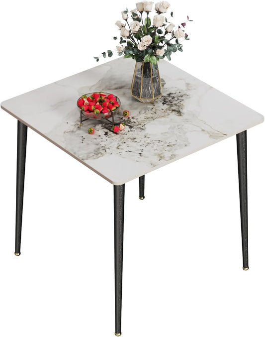 FATIVO Eettafel, kleine keukentafel, marmer voor 2 personen, eetkamertafel, eenvoudig, woonkamer, eettafel, hoogglans, tafels voor eetkamer, restaurant, metalen tafelpoten, 80 x 80 cm, Scandinavisch