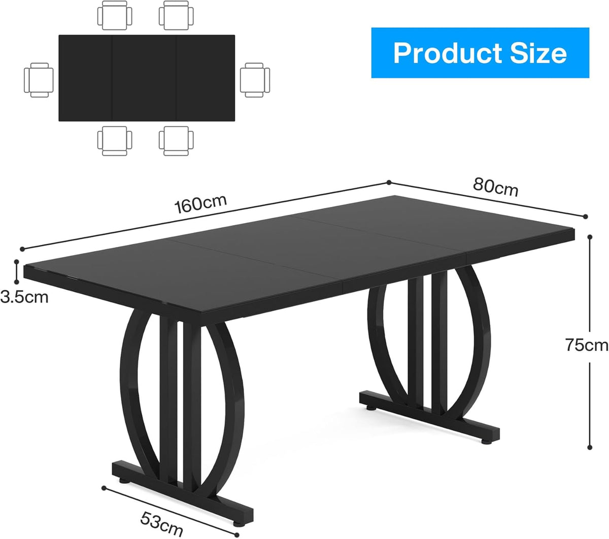 Tribesigns Dining Table for 4-6 People, 160 x 80 cm, Black Dining Table with Heavy Metal Frame, Modern Industrial Rectangular Kitchen Table, Dining Table for Kitchen Home - QUORE
