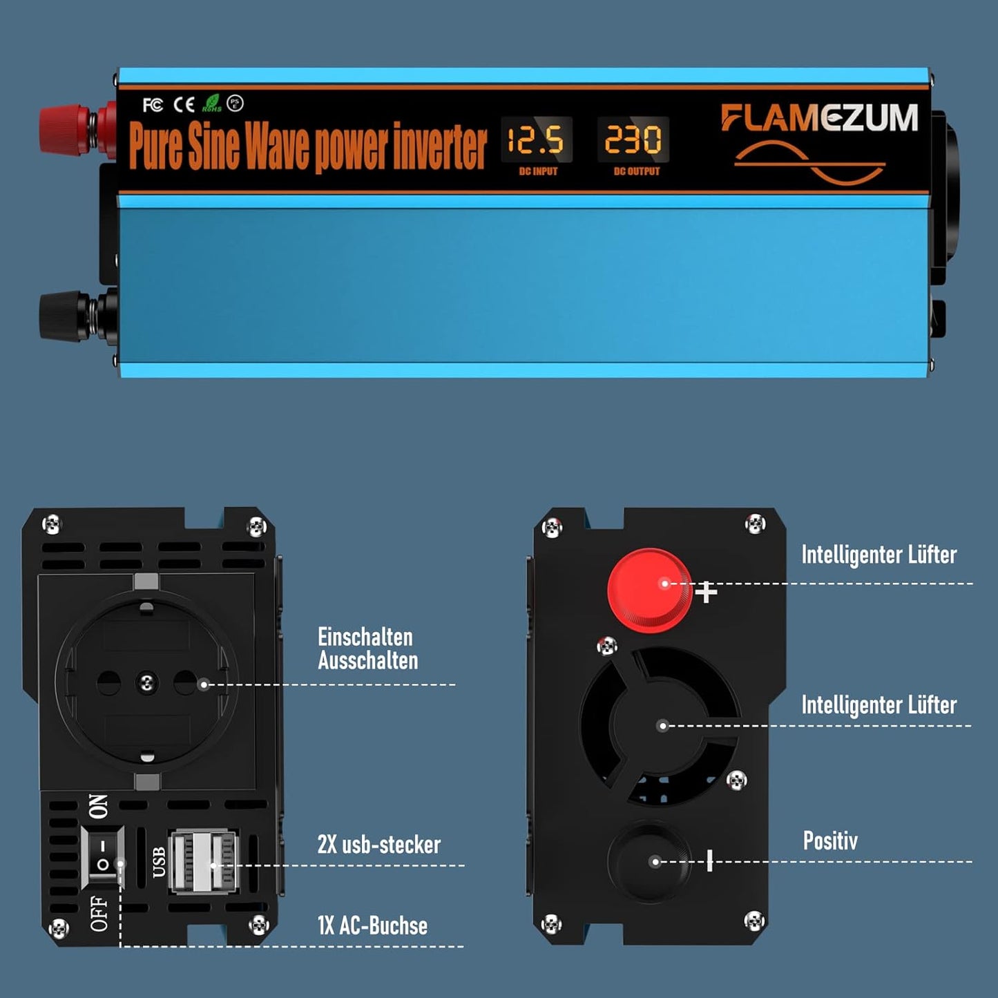 SUDOKEJI Spanningsomvormer 12 V naar 230 V, zuivere sinusomvormer 1000 W met EU-stekker, maximaal vermogen 2000 W voor auto's en kamperen.