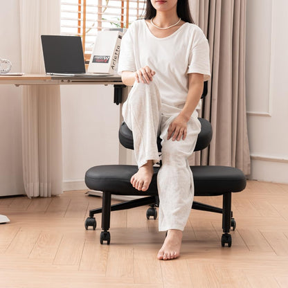 Kruis Legged Chair met wielen, veelzijdige kneelstoel met rugsteun, verstelbare stoel met hoekzitting voor betere houding, dikke comfortabele kussens, zwart
