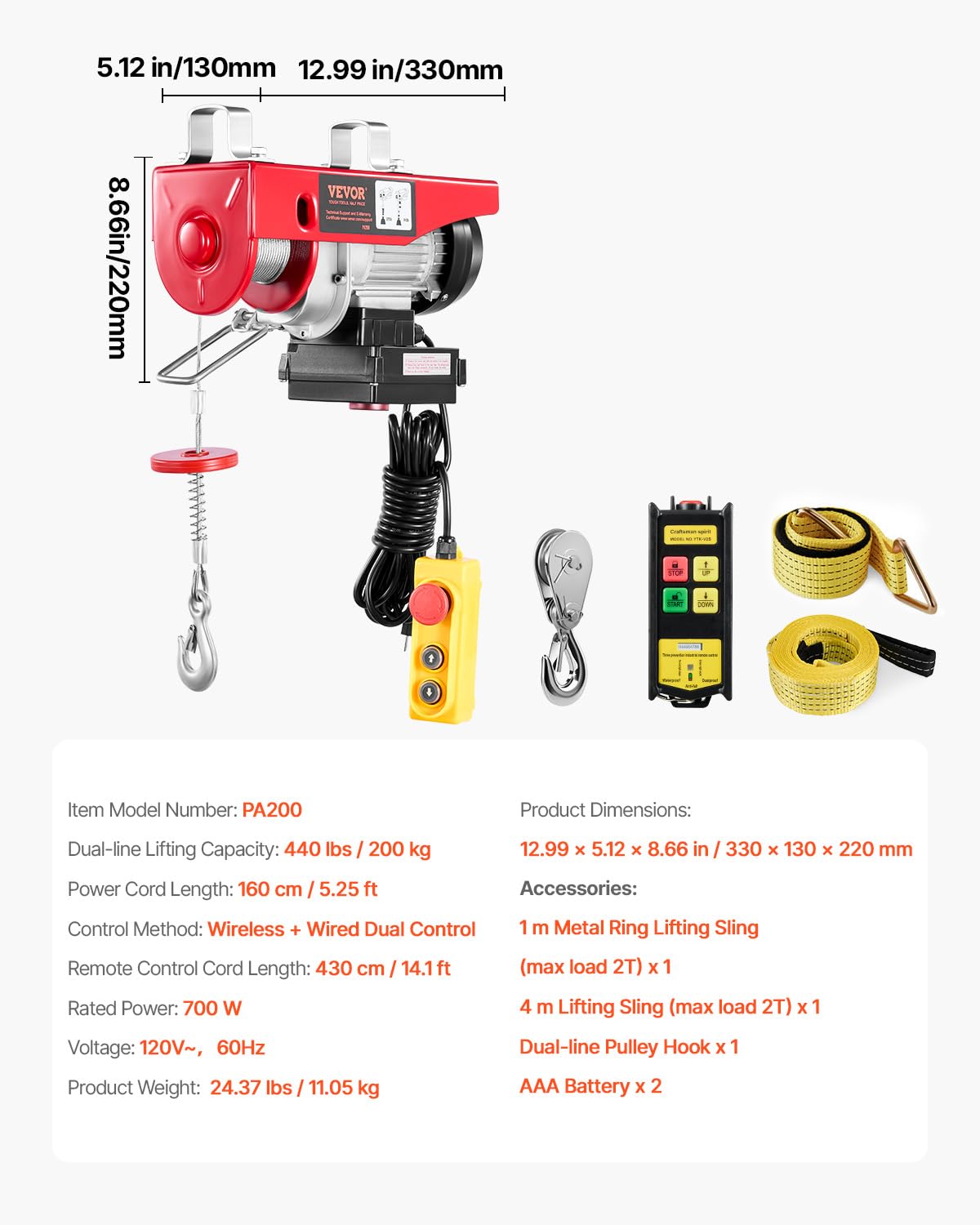 Elektrische Katrol – Elektrische Takel – Plafondlift – Hijsketting – Garage Takel – Max Draagvermogen 200 kg – Draadloze Afstandsbediening 100 m