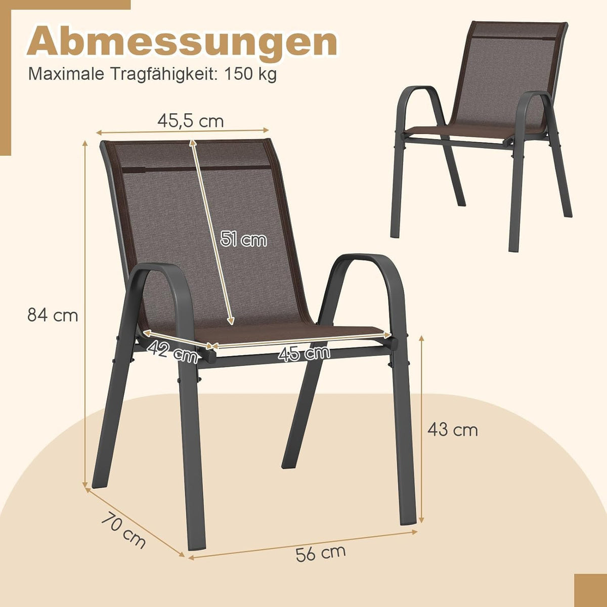 FANTASK Set van 4 stapelbare tuinstoelen, van textiel en metalen frame, stapelstoelen tot 150 kg belastbaar, terrasstoelen met armleuningen, balkonstoelen voor balkon, tuin, terras, zwembad