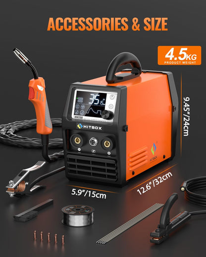 HITBOX Gasloos Flux Cored Lasapparaat, 200A 230V, 4-in-1 MIG/MMA/ARC/Lift TIG/Spool Gun Lasser (HIM200)