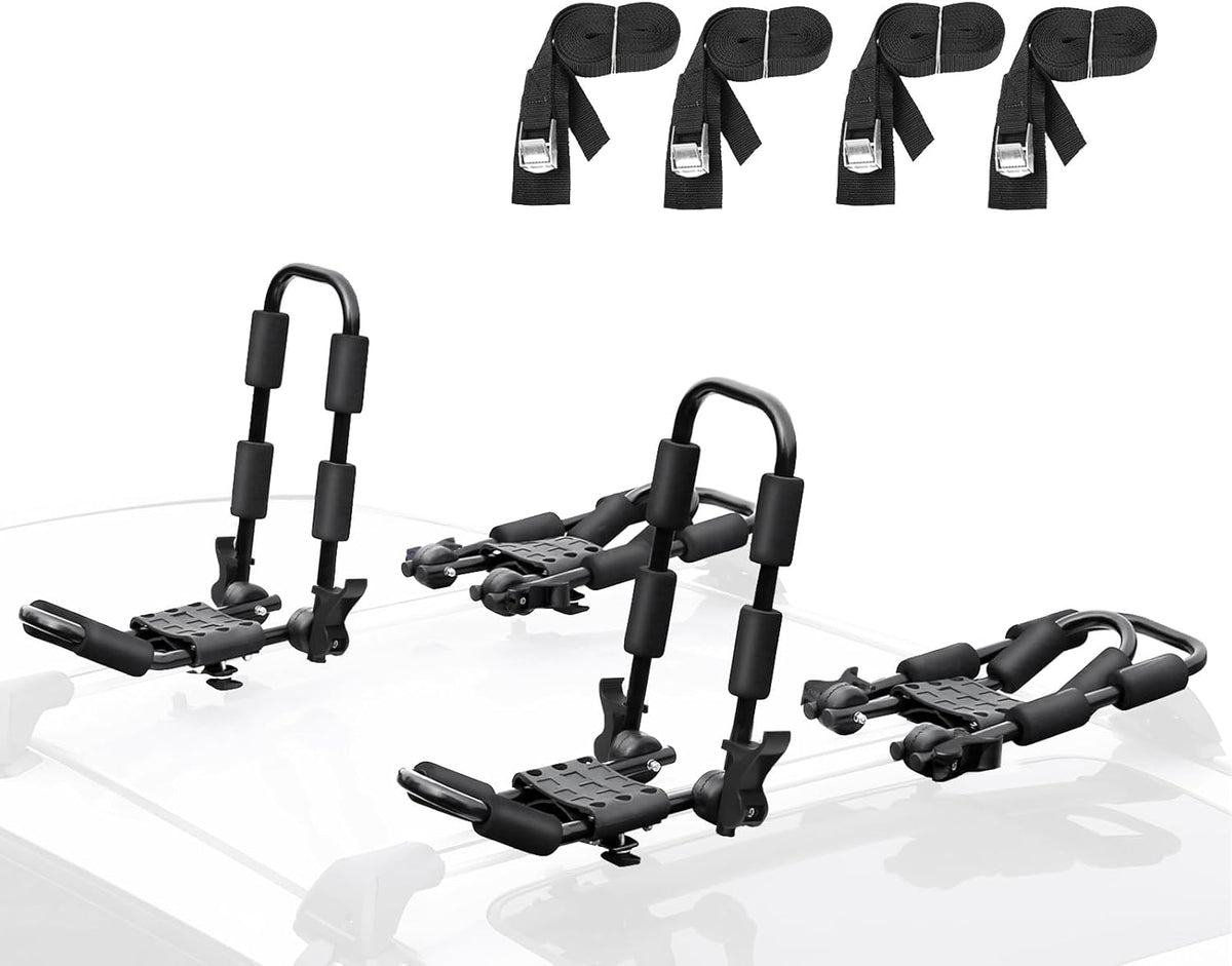 Leader Accessories Folding Kayak Rack 4 PCS/Set J Bar Car Roof Rack for Canoe Surf Board SUP On Roof Top Mount on SUV, Car and Truck Crossbar with 4 pcs Tie Down Straps