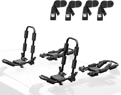 Leader Accessories Folding Kayak Rack 4 PCS/Set J Bar Car Roof Rack for Canoe Surf Board SUP On Roof Top Mount on SUV, Car and Truck Crossbar with 4 pcs Tie Down Straps