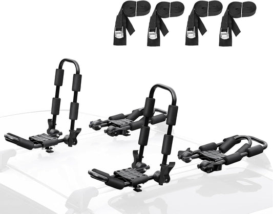 Leader Accessories Folding Kayak Rack 4 PCS/Set J Bar Car Roof Rack for Canoe Surf Board SUP On Roof Top Mount on SUV, Car and Truck Crossbar with 4 pcs Tie Down Straps