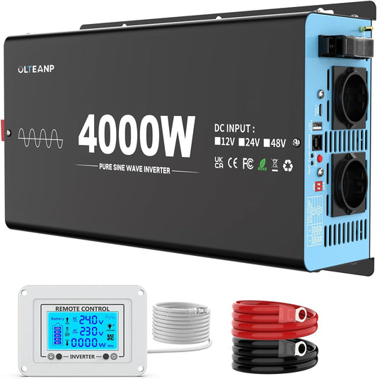 4000 W zuivere sinusomvormer van 24 V naar 230 V spanningsomvormer voor auto's met LCD-scherm, afstandsbediening, 2 AC-stopcontacten, USB en type C-aansluiting, zonne-omvormer voor coulotten,