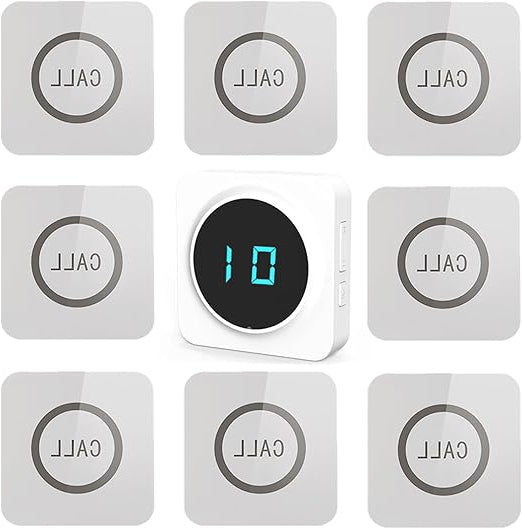 ALIBELL Wireless call system, waiter call system restaurant, 8 waterproof pagers and 1 caller ID receiver, integration of up to 31 ringtones, 2-language transmission - QUORE