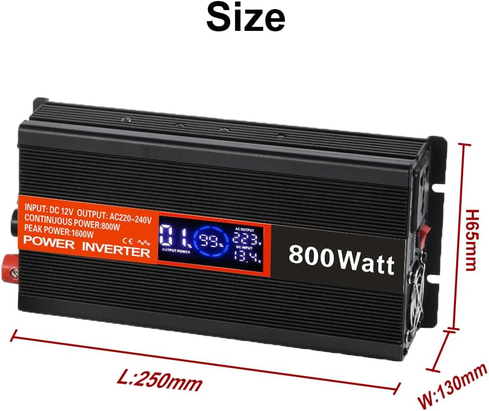 SolaMr 800W Omvormer DC 12V naar AC 220V/240V met LCD-display en USB-oplaadpoorten Hoogfrequent omvormer voor op het voertuig gemonteerde systemen en kamperen in de wildernis, thuissystemen - 800W