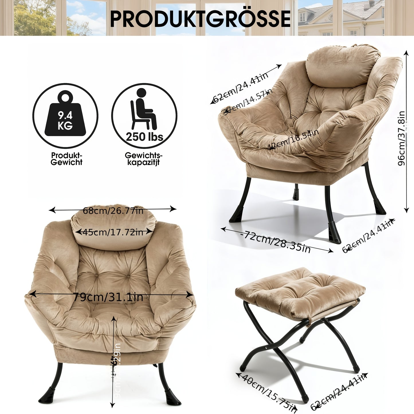Fauteuil Met Voetenbank – Relaxstoel – Loungestoel – Tv Stoel – Wingchair – Khaki Bruin – Bamboe En Katoen – Met Zijzak