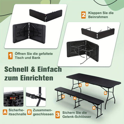 Opvouwbare Tuinset – Buffettafel – Bierbank – Campingtafel – Picknicktafel – Ruimte voor 8 Personen – Weerbestendig Kunststof Met Stalen Frame