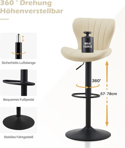 TUKAILAI Barkruk, set van 2 kunstleer, barstoel, in hoogte verstelbaar, 360 graden draaibaar, kruk met rugleuning, voetensteun, metalen frame, moderne schaalvorm, keukenkruk, barkruk voor keukenbars