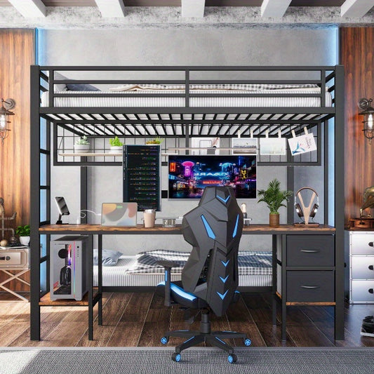 Hoogslaper – Stapelbed – Bedframe Met Bureau – Opbergruimte Bed – Metal Loft Bed – Zwart 90x200 / 140x200 – Ruimtebesparend Ontwerp – Duurzaam Metalen Frame