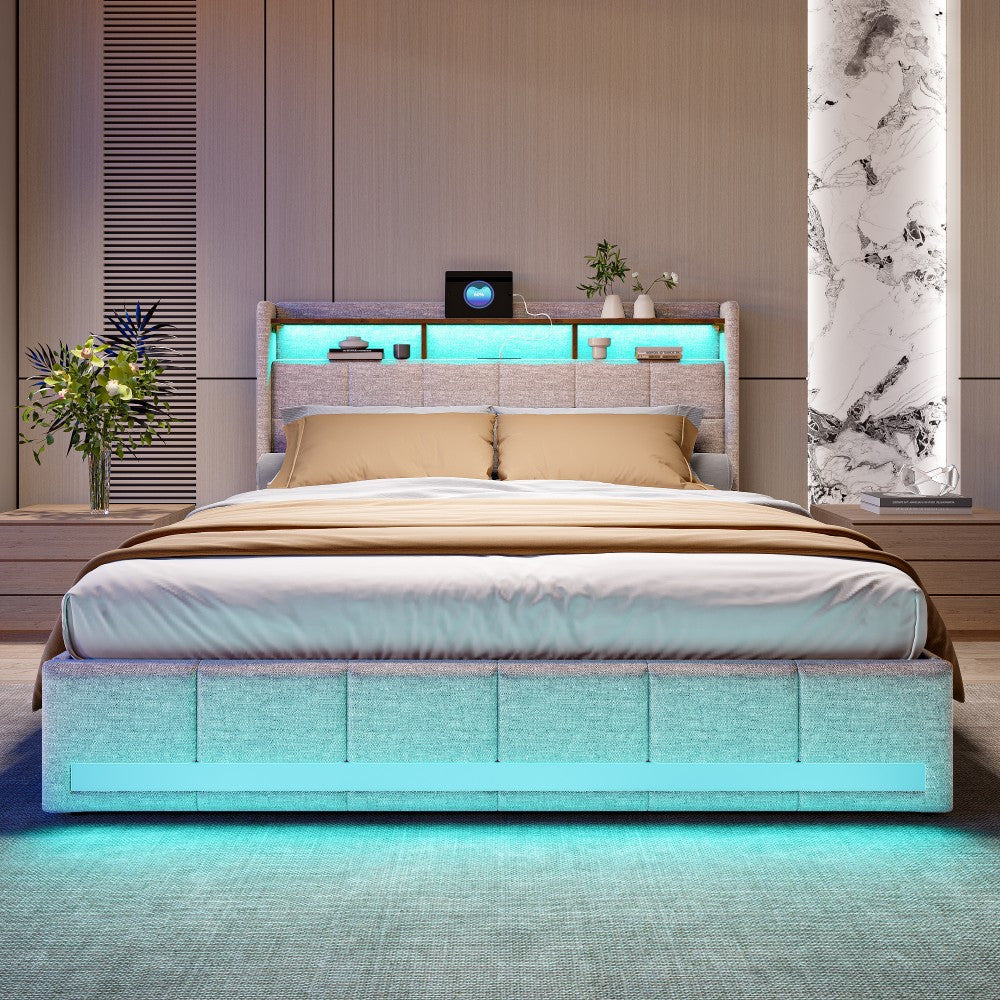 Double Bed with Storage, LED Lighting, 4 Drawers, Storage Function, USB Charging, Quick Assembly, Metal And Linen Bed Frame, Classic, for Adults, Ideal for 8Mj4Txd Bedroom.