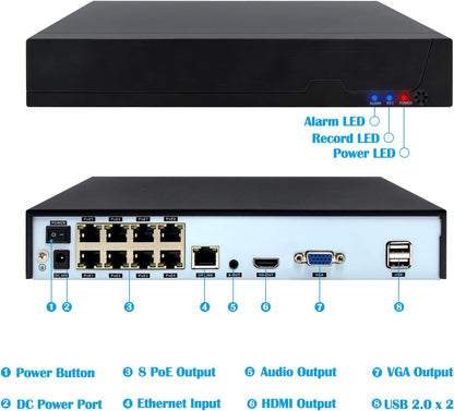 8CH PoE NVR, POE netwerk videorecorder (HD 1080P/3MP/4MP/5MP) voor bewaking Home Security System, 8-kanaals Power Over Ethernet voor IP-camera, exclusief HDD (POE4008ES)