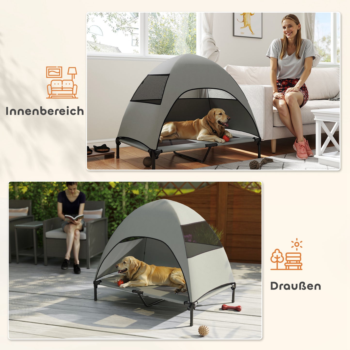 Verhoogd Hondenbed – Hondendagbed – Hondenmand – Hondenbank – Hondensofa – Lichtgrijs – Met Afneembaar Dak – Ventilerend & Vochtbestendig