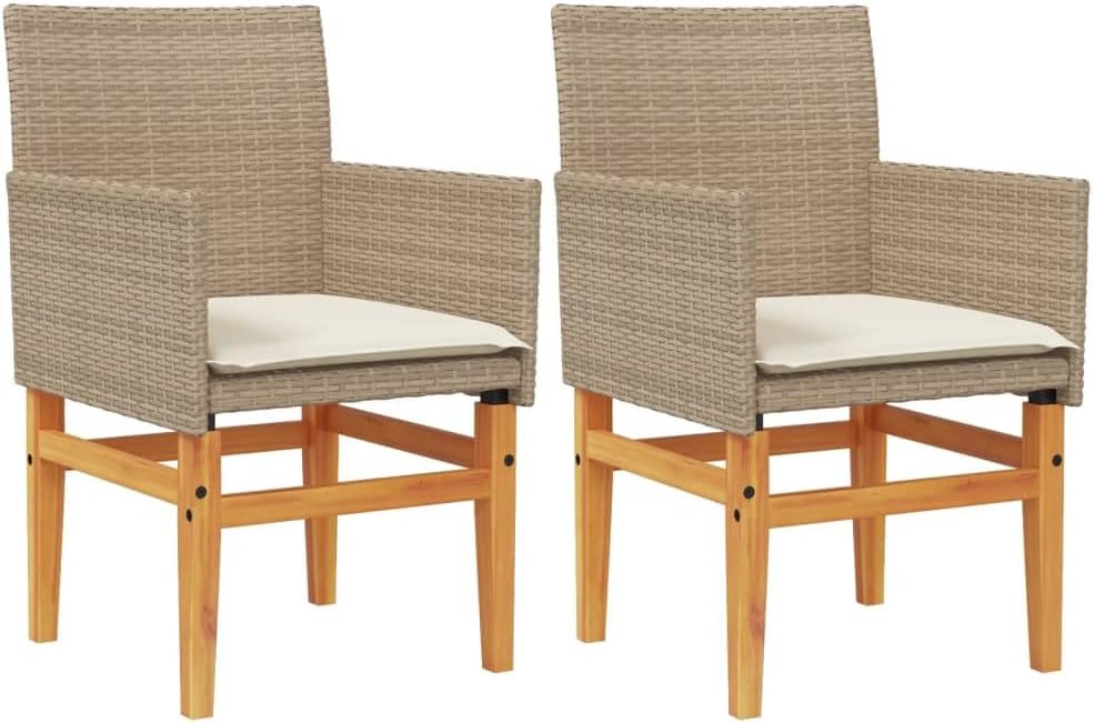 LAPOOH 368716 Garden Chairs with Cushions, PE Rattan, Beige and Acacia Wood, Garden Chairs with Cushions, Patio Chairs - QUORE