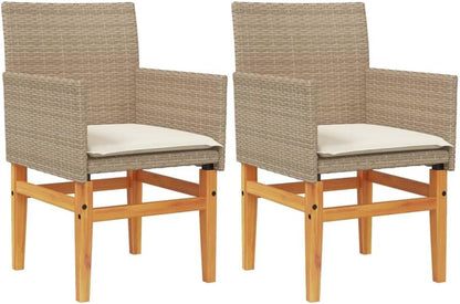 LAPOOH 368716 Garden Chairs with Cushions, PE Rattan, Beige and Acacia Wood, Garden Chairs with Cushions, Patio Chairs - QUORE