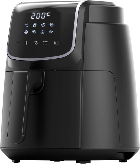 Digitale Airfryer - PFAS vrij - Groot 4 Liter - Heteluchtfriteuse - Zwart - Digital screen - 8 Voorinstellingen - Inclusief in hoogte verstelbaar Grillrack - 1500W - 35-200°C - voor Bakken, braden, grillen, ontdooien, schudalarm