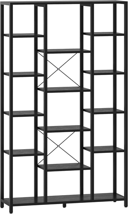 Hzuaneri Bookshelf, 6 Tier Bookcase with 15 Open Shelves, Adjustable Storage Cabinet for Living Room and Home Office, 30 x 100 x 170 cm, Black with Wood Grain BC15004B