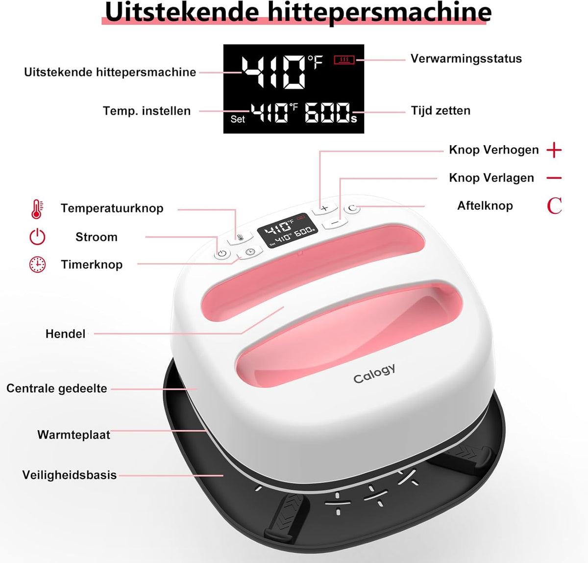 Calogy Warmtepersmachine Voor T-Shirts 10"X10", Draagbaar Sublimatieijzer Voor Tassen, Kussens, Htv Vinyl Transfer Projecten (Wit Roze)