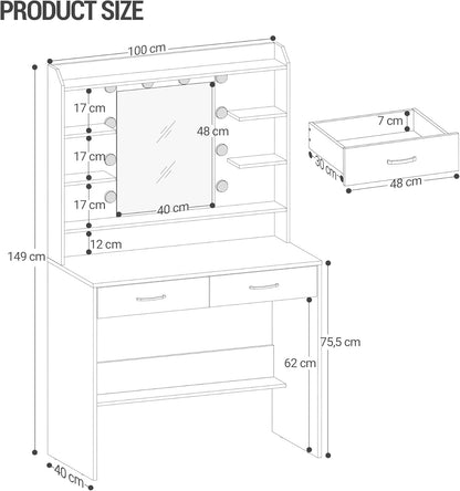 Hzuaneri Dressing Table with Mirror and LED Lighting, Adjustable Brightness, Dressing Table with Shelves and 2 Drawers, for Bedroom, Living Room, 40 X 100 X 149 cm, WhiteDT38703X